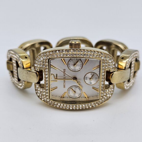Michael Kors Women Watch 28MM Gray Dial Gold Band 5.75" New Battery HEAVY WATCH - Picture 1 of 12